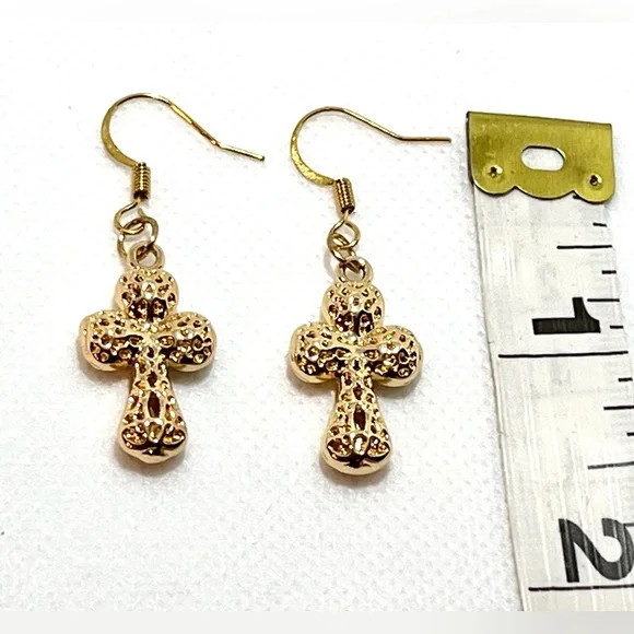 NWT Gold Cross Earrings Drop Dangle Textured 3D 18k gold plated hook boutique - Picture 10 of 10